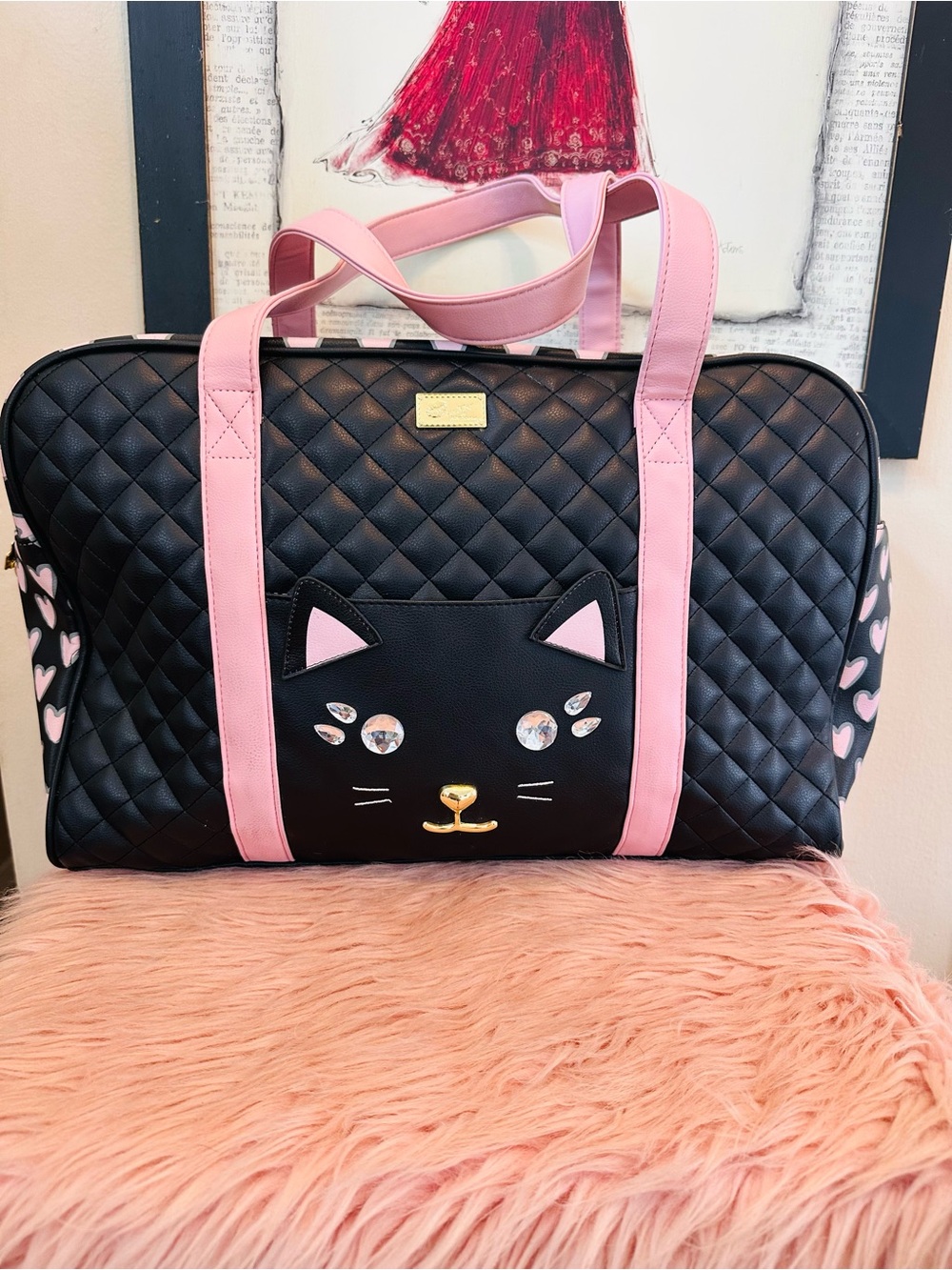 Betsey Johnson Black Quilted Cat Travel Bag with Pink Accents